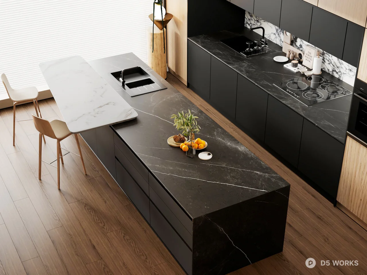 Modern Open Kitchen with Marble Backsplash and Wooden Bar Stools 3d model thumbnail 2