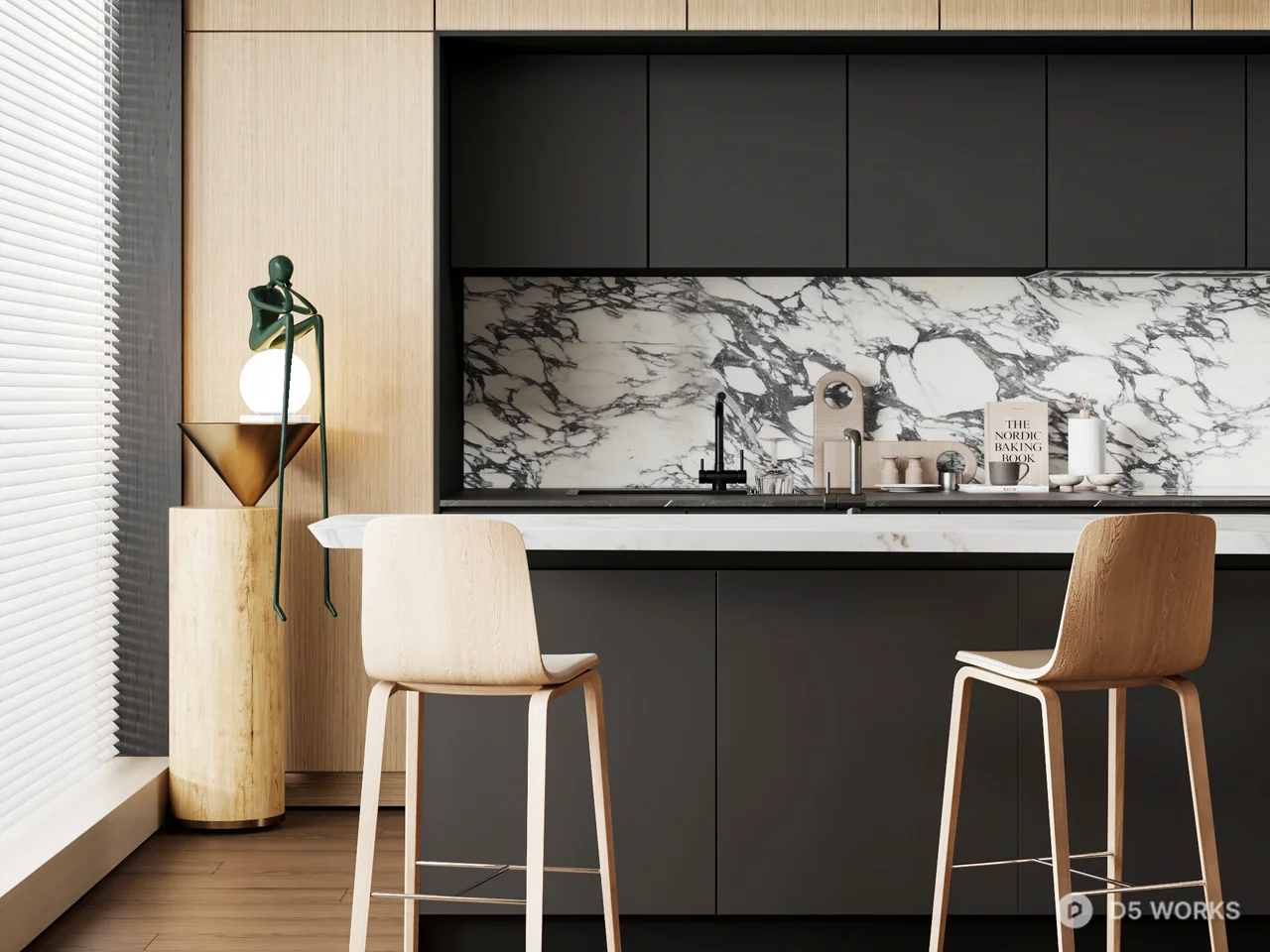 Modern Open Kitchen with Marble Backsplash and Wooden Bar Stools 3d model - Image 1