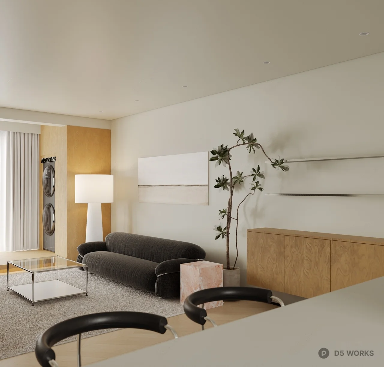 Minimalist Living Room with Dark Sofa and Wood Cabinet 3d model - Image 1