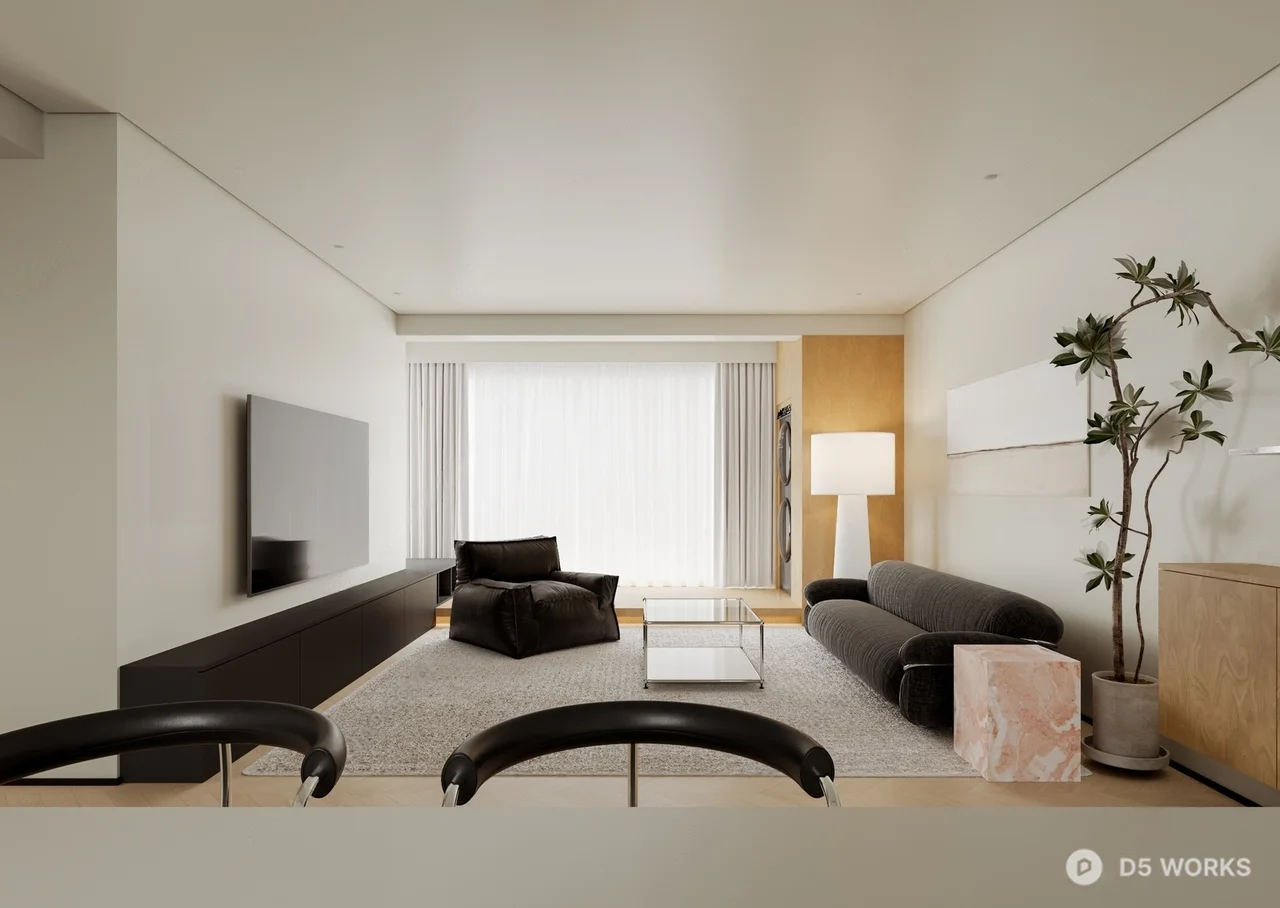 Minimalist Living Room with Dark Sofa and Wood Cabinet 3d model thumbnail 2