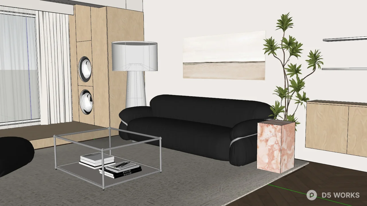 Minimalist Living Room with Dark Sofa and Wood Cabinet 3d model thumbnail 3
