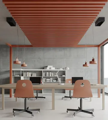 Minimalist Office Space With Concrete Walls And Wooden Ceiling 3d model