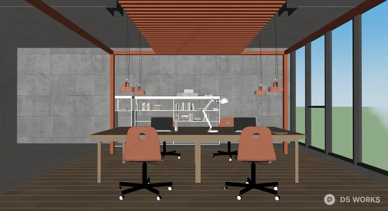 Minimalist Office Space With Concrete Walls And Wooden Ceiling 3d model thumbnail 2