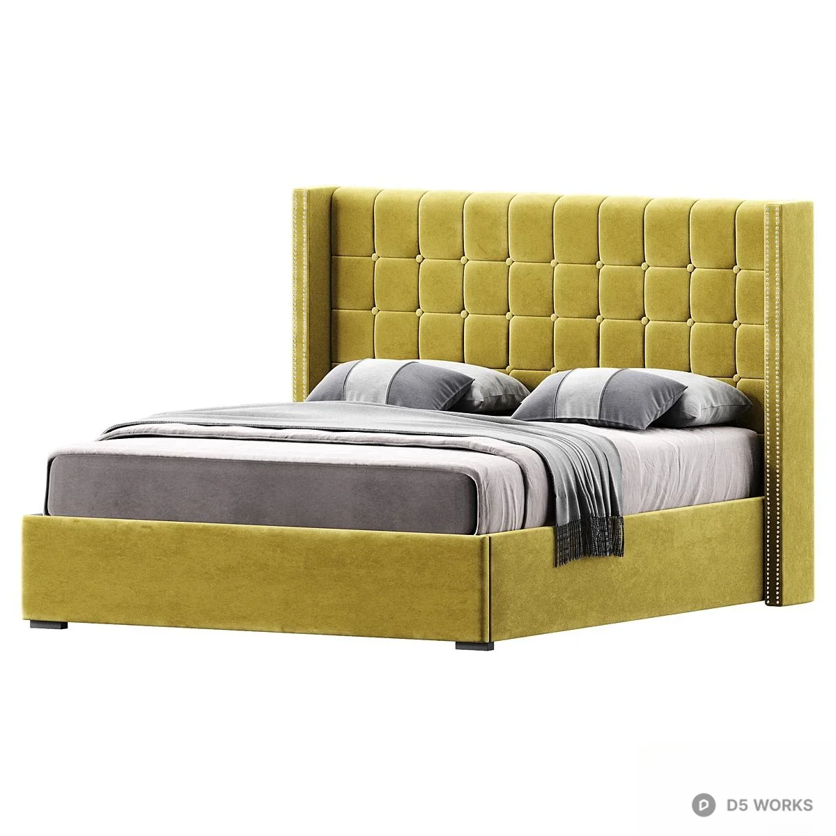 Tufted Velvet Wingback Double Bed 3d model thumbnail 2