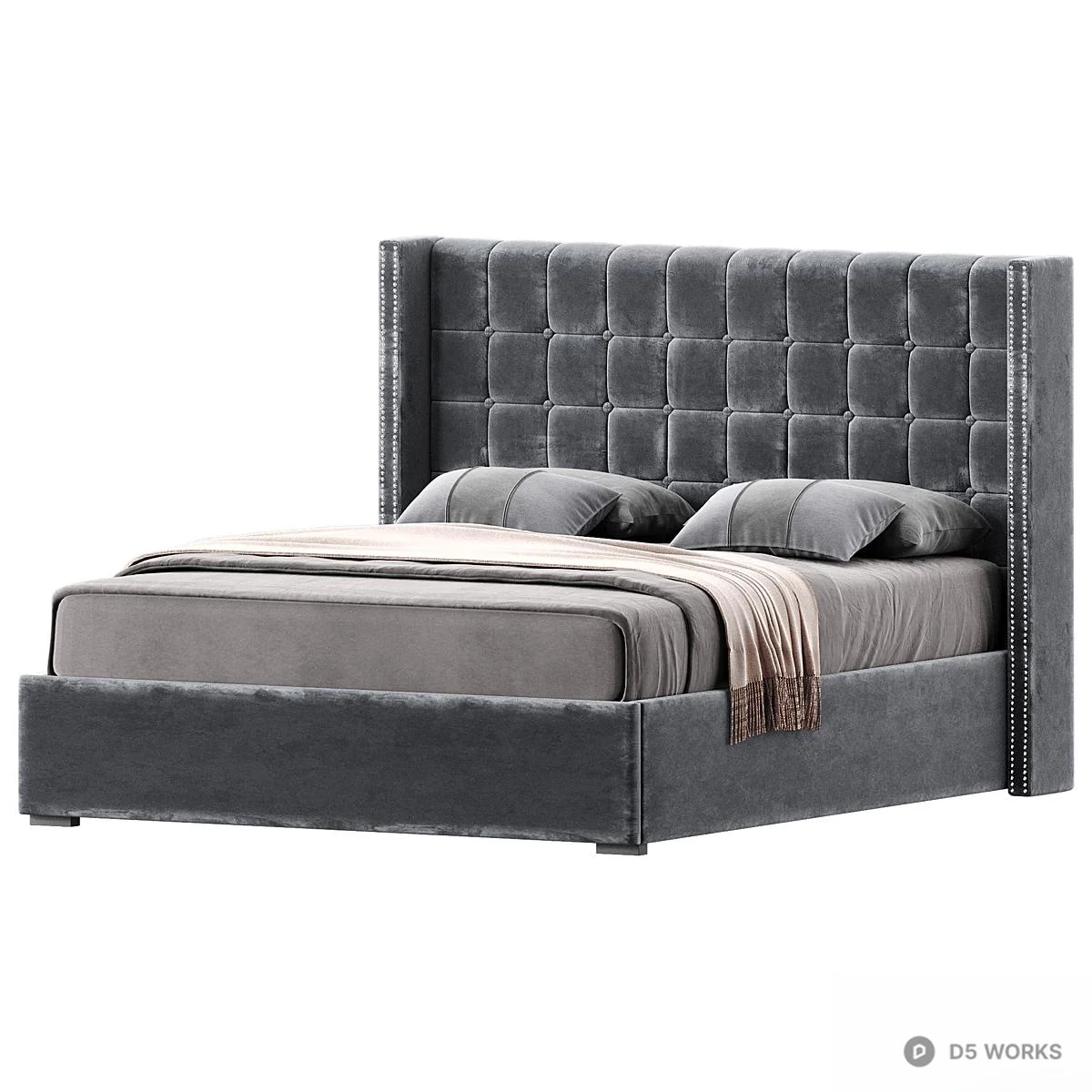 Tufted Velvet Wingback Double Bed 3d model - Image 1