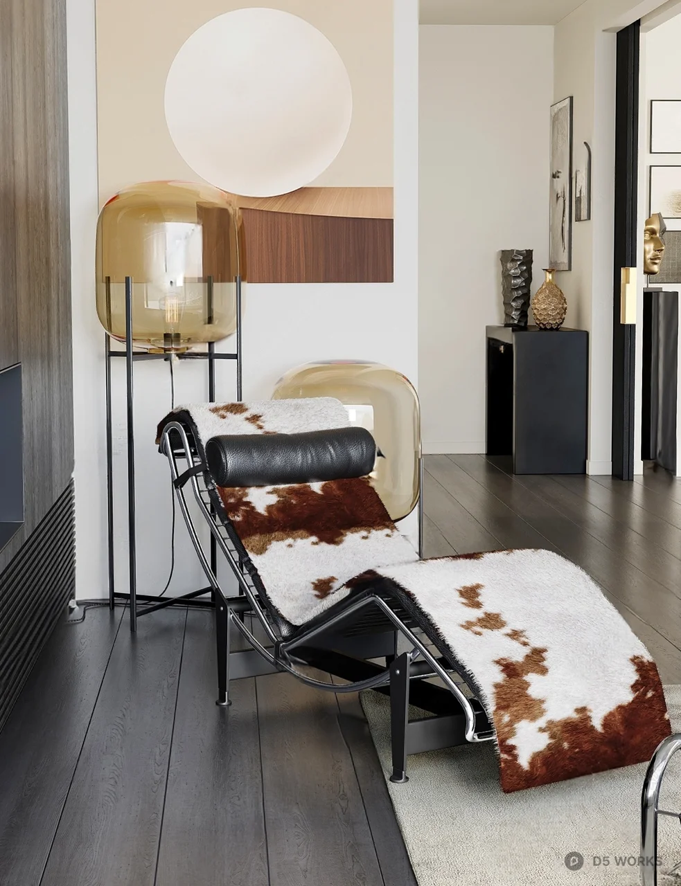 Modern Leather Chaise Lounge with Cowhide 3d model - Image 1