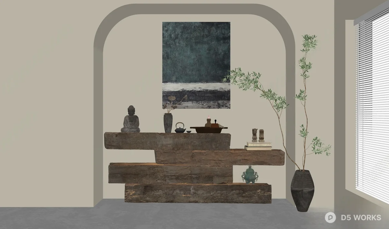 Minimalist Entryway Space With Rustic Wooden Shelf And Zen Decor 3d model thumbnail 2