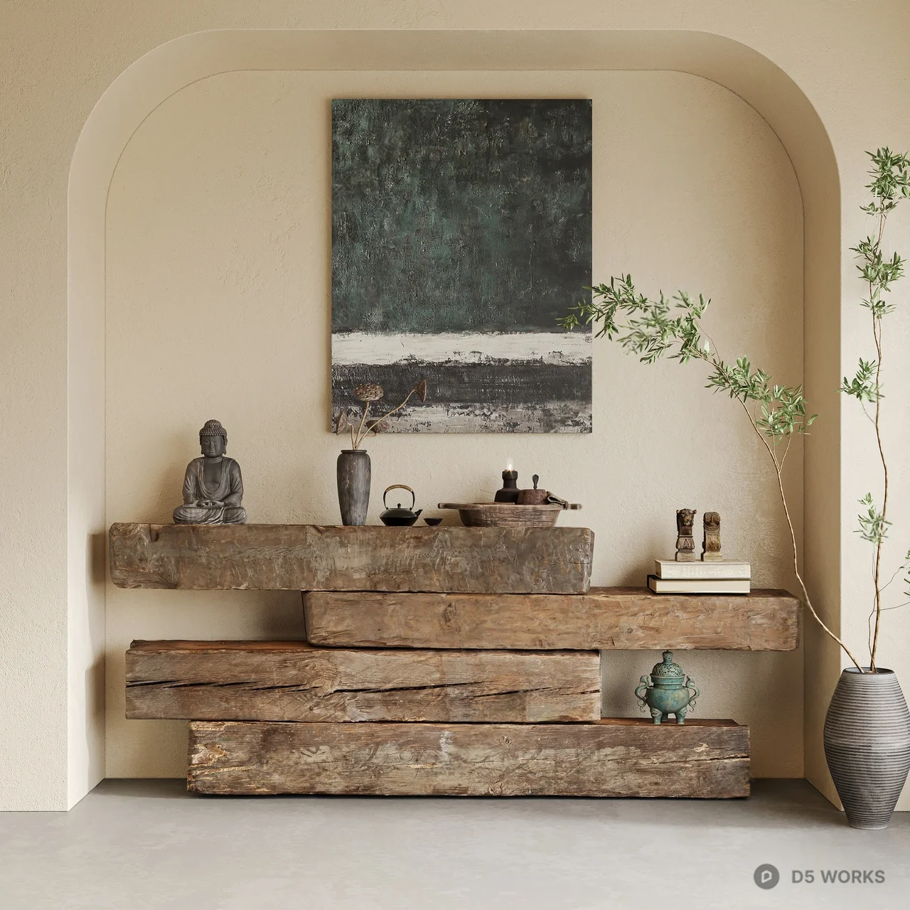 Minimalist Entryway Space With Rustic Wooden Shelf And Zen Decor 3d model - Image 1