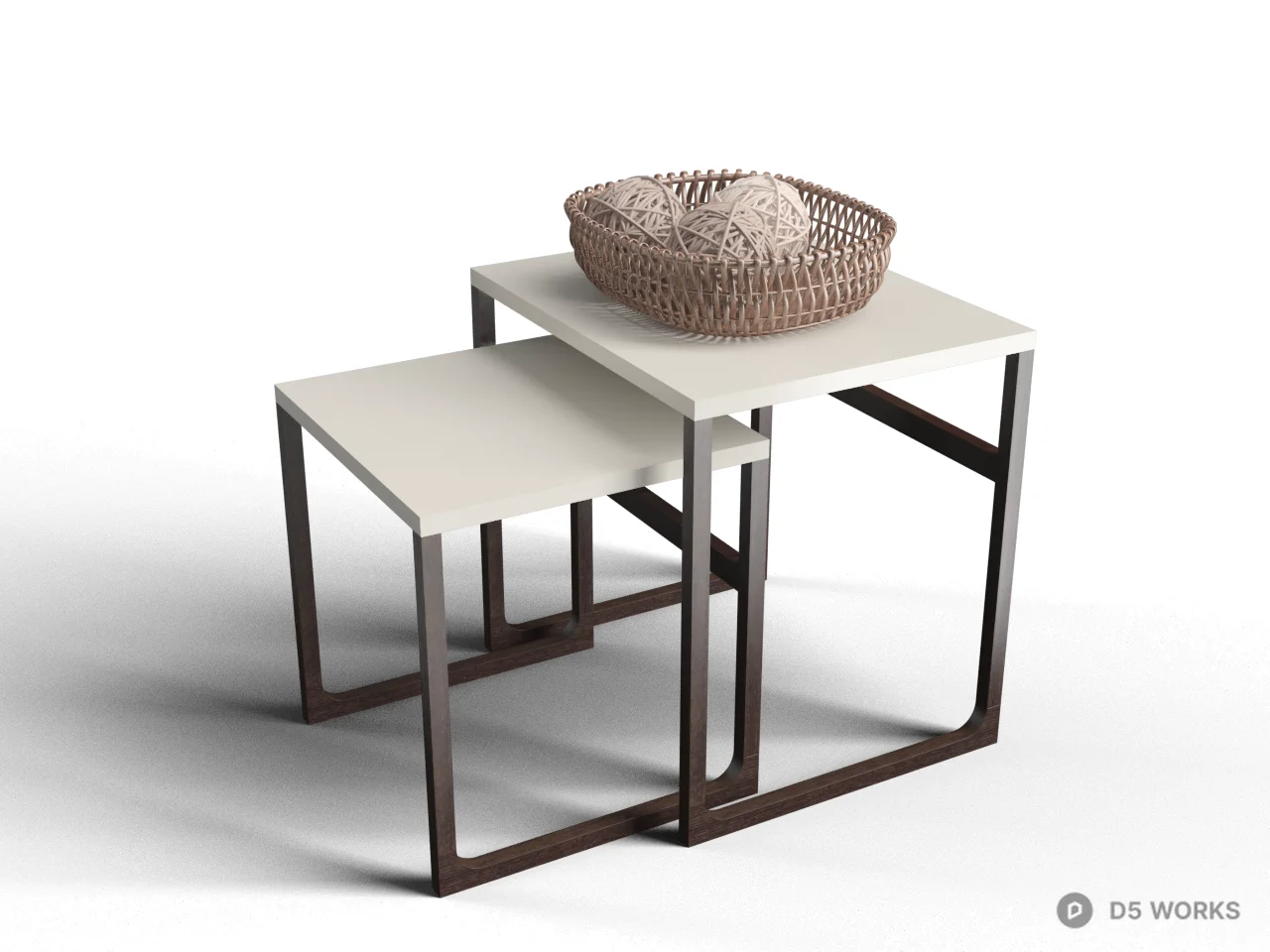Minimalist Nesting Tables With Woven Basket 3d model - Image 1