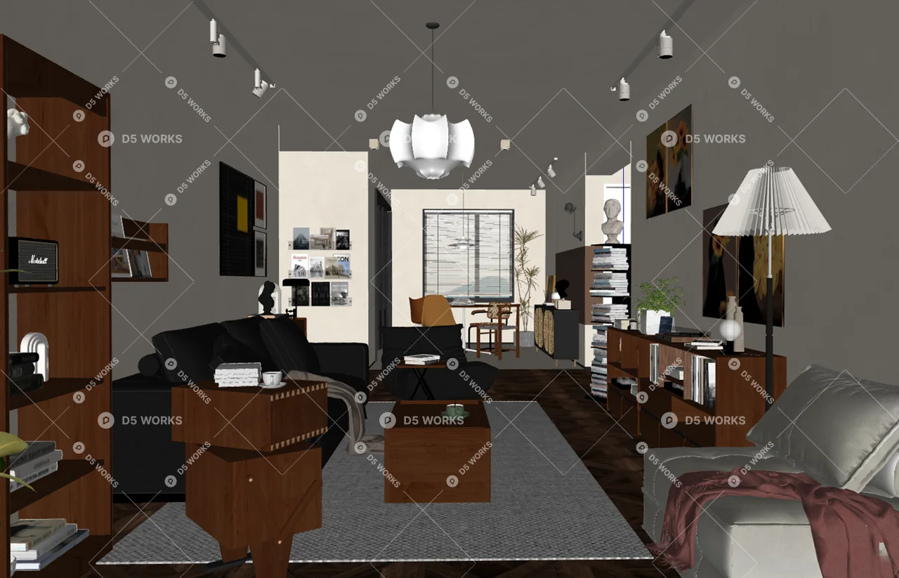 Mid Century Modern Living Dining Space 3d model thumbnail 2