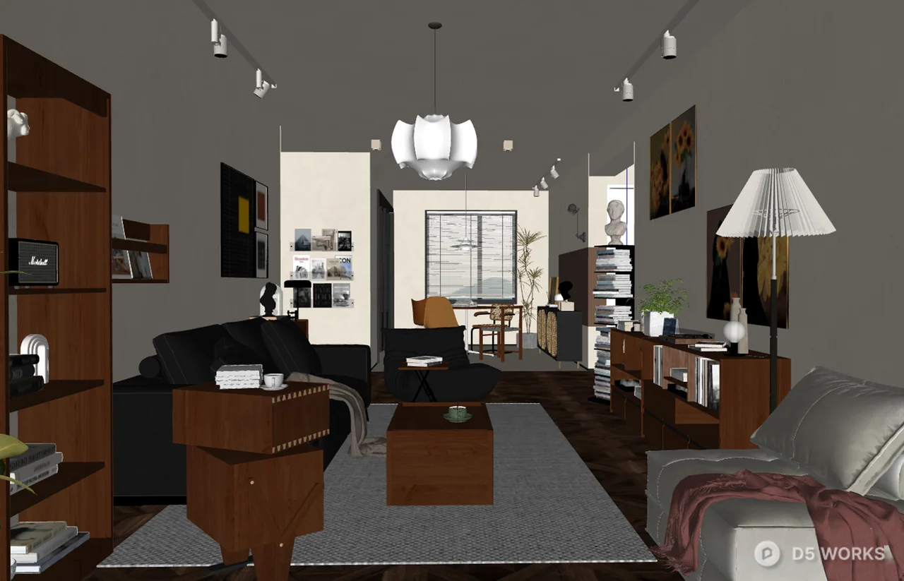 Mid Century Modern Living Dining Space 3d model thumbnail 2