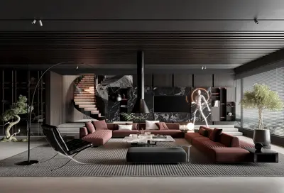 Modern Luxury Villa Living Room with Dark Tone Design 3d model