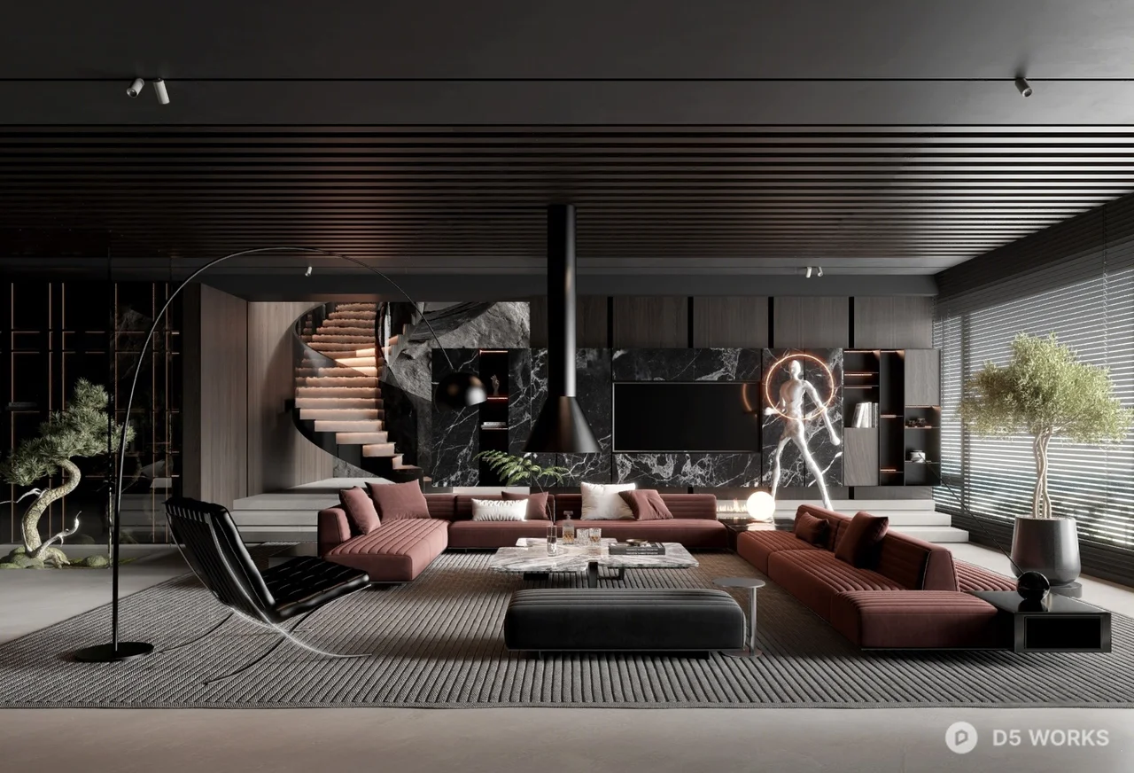 Modern Luxury Villa Living Room with Dark Tone Design 3d model - Image 1