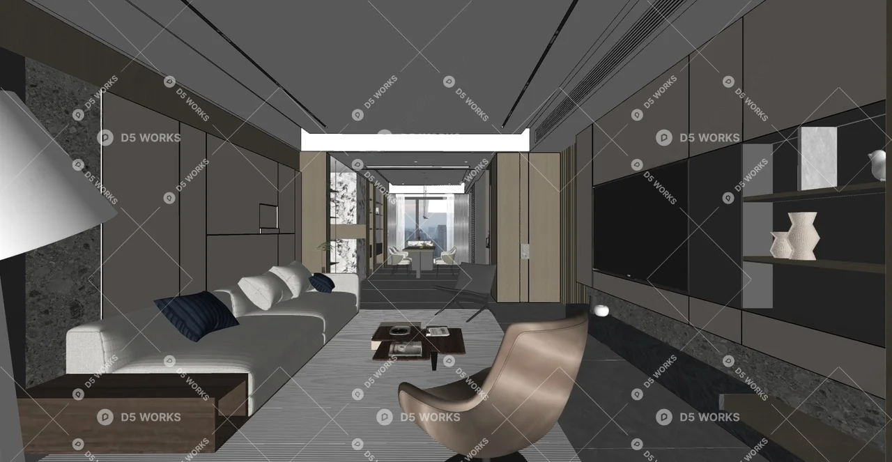Modern Living & Dining Room 3d model thumbnail 2