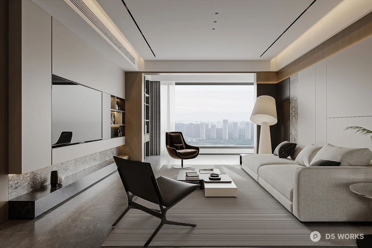 Modern Living Dining Space with City View 3d model - Image 1