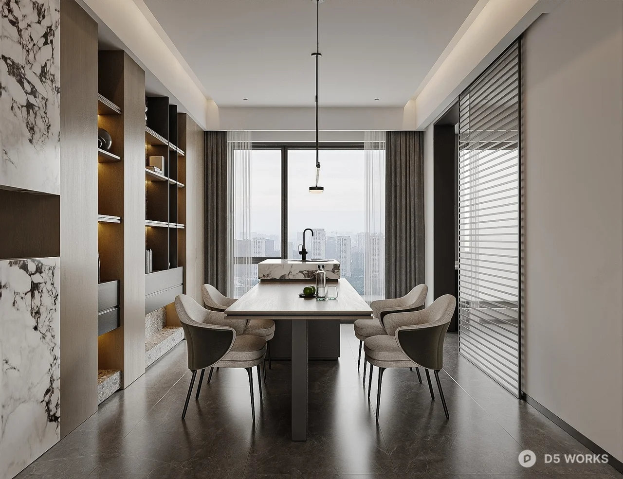 Modern Living Dining Space with City View 3d model thumbnail 3