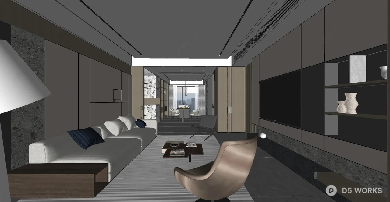 Modern Living Dining Space with City View 3d model thumbnail 2
