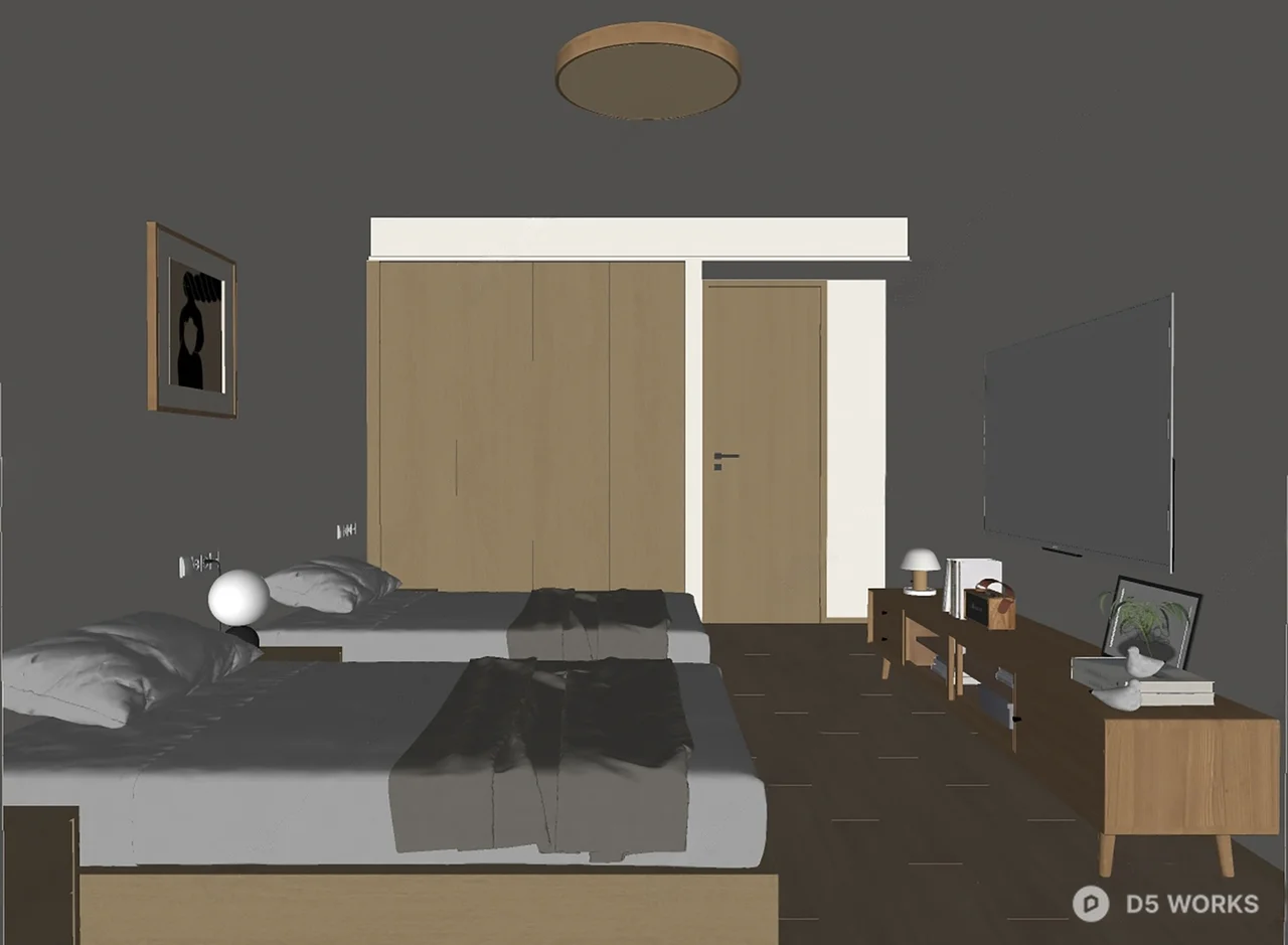 Minimalist Home Bedroom With Wooden Wardrobe And TV Console 3d model thumbnail 2
