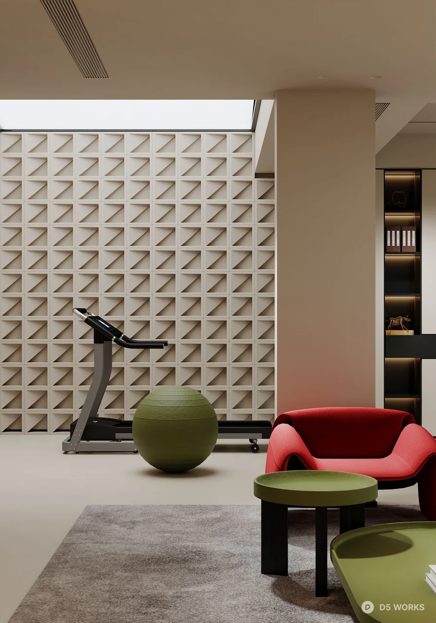 Modern Home Gym with Red Lounge Chair 3d model - Image 1