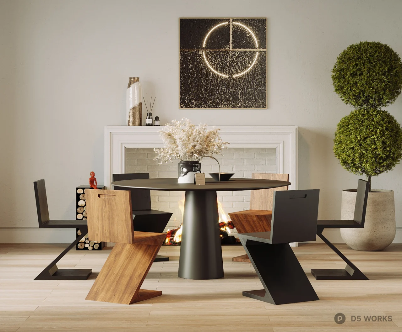 Minimalist Dining Room With Sculptural Chairs And Topiary 3d model thumbnail 2