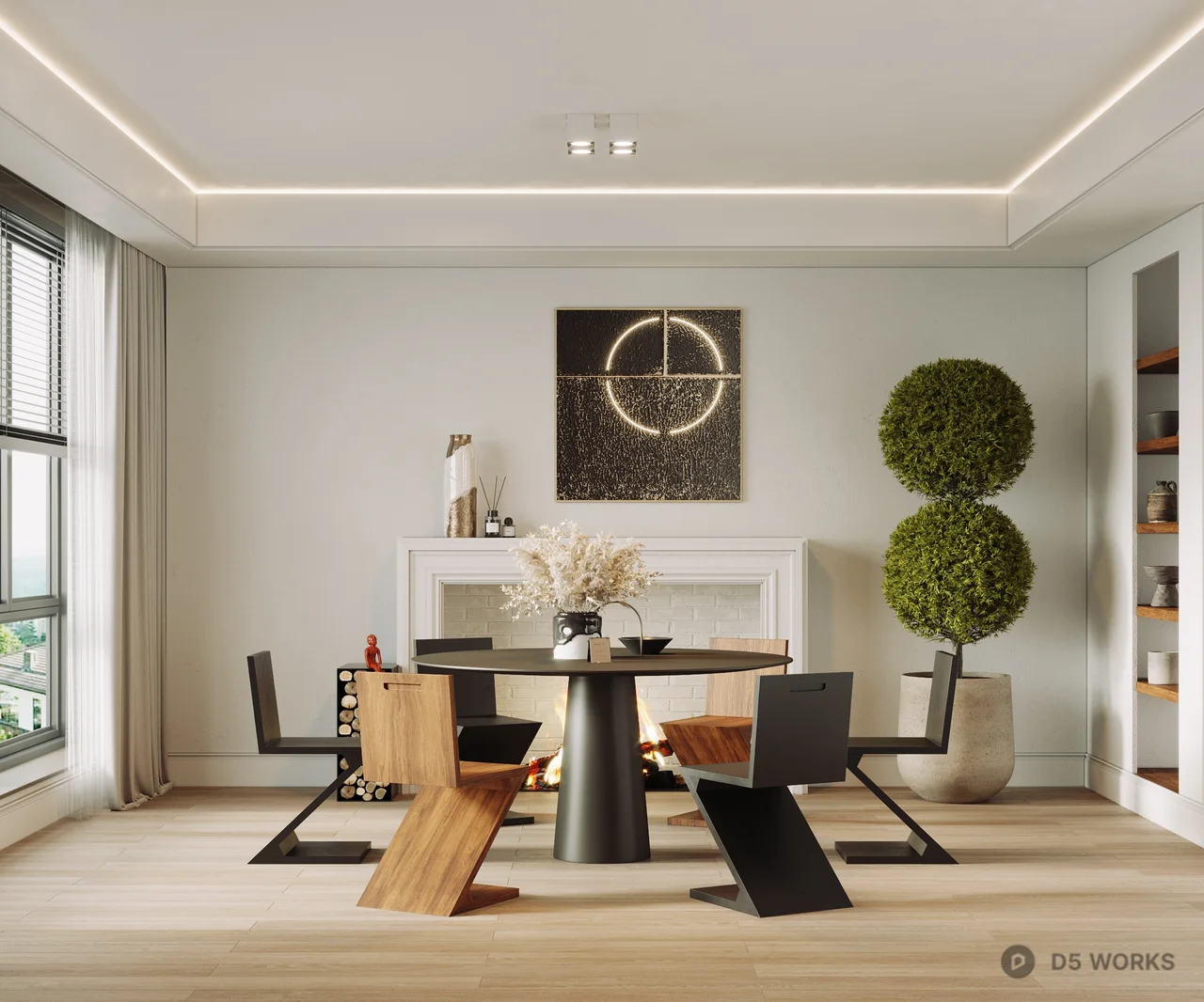 Minimalist Dining Room With Sculptural Chairs And Topiary 3d model - Image 1