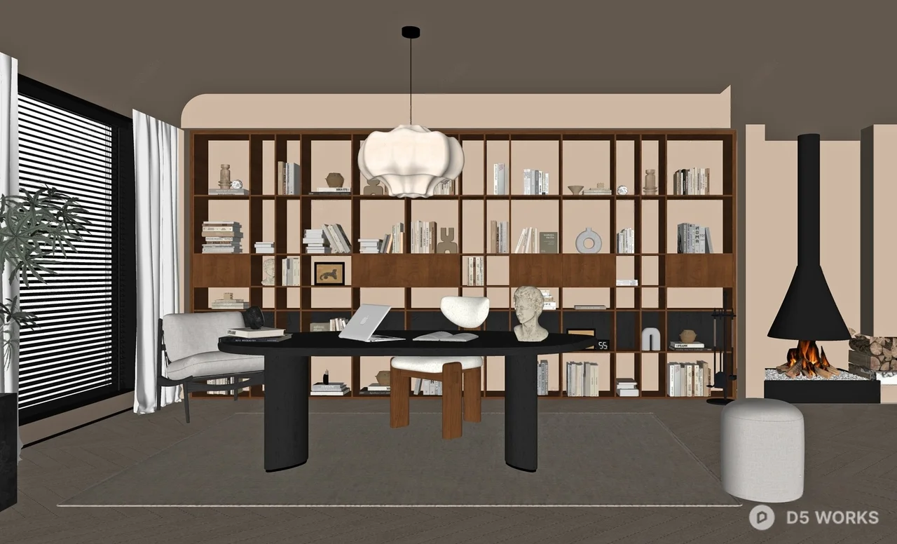 Minimalist Study Room With Bookshelf And Desk 3d model thumbnail 2
