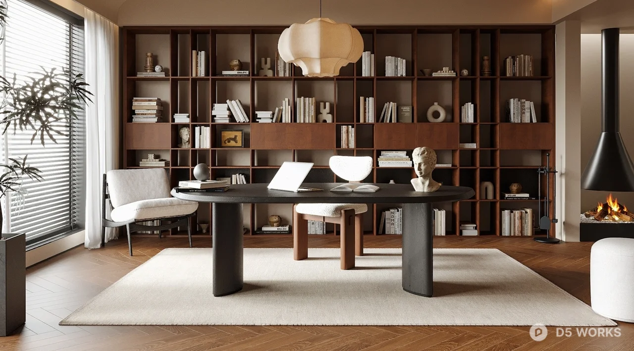Minimalist Study Room With Bookshelf And Desk 3d model - Image 1