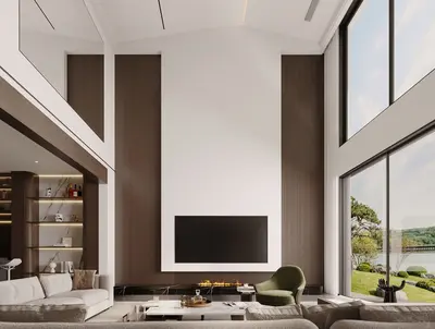 Modern Minimalist Villa Living Room With Floor-To-Ceiling Windows 3d model