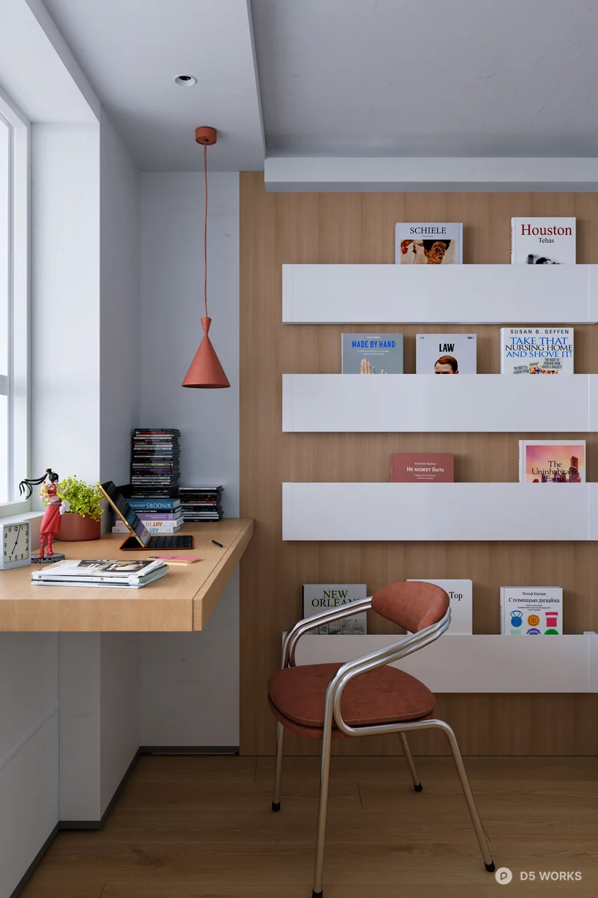 Minimalist Home Study With Floating Shelves And Pendant Light 3d model thumbnail 2