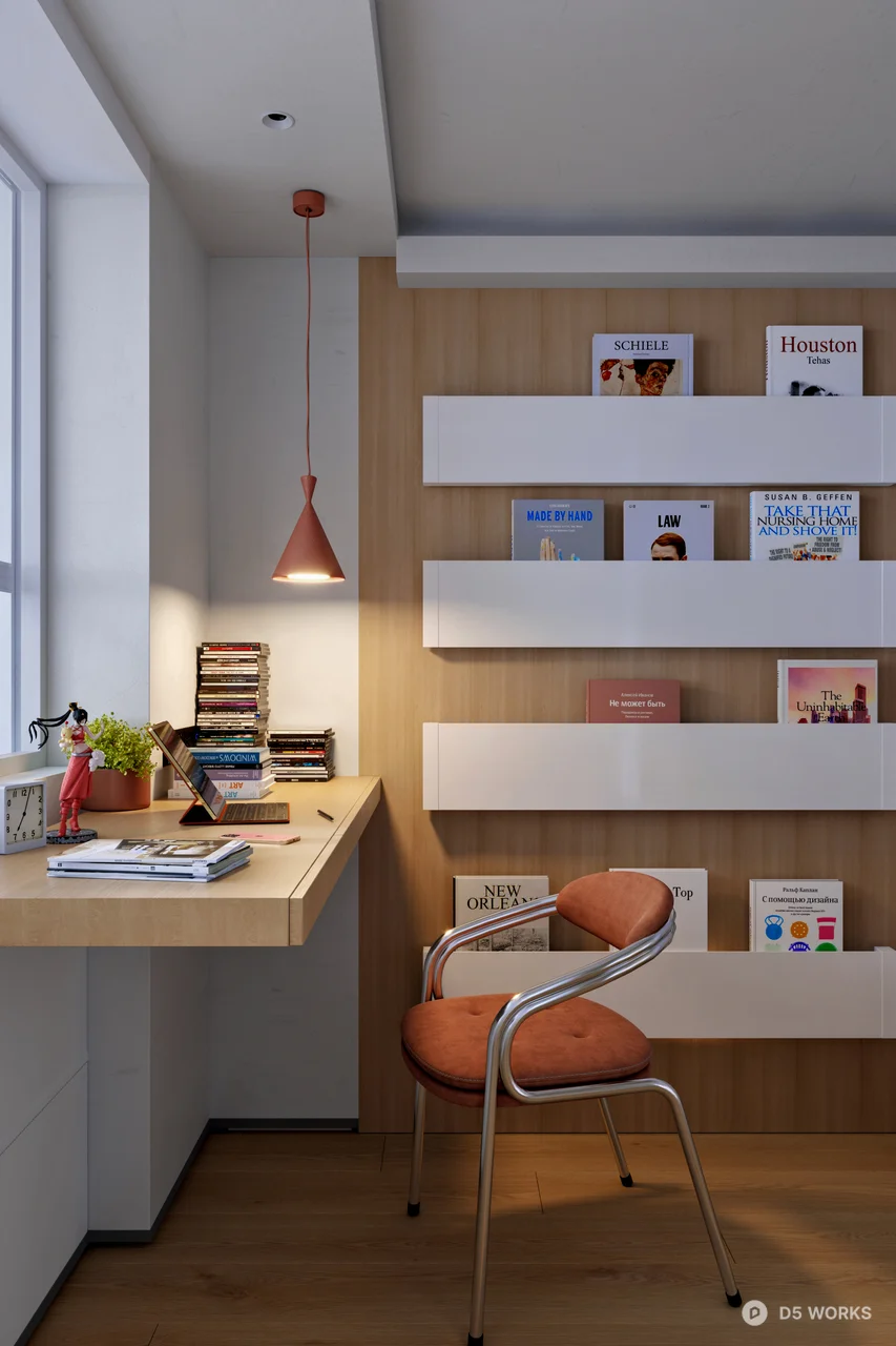 Minimalist Home Study With Floating Shelves And Pendant Light 3d model - Image 1