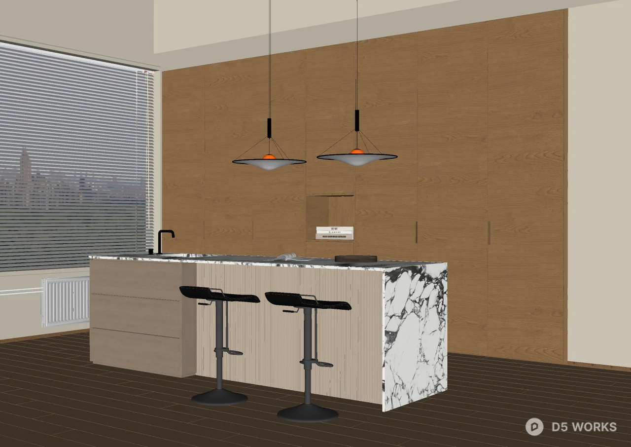 Modern Open Kitchen With Marble Island 3d model thumbnail 2