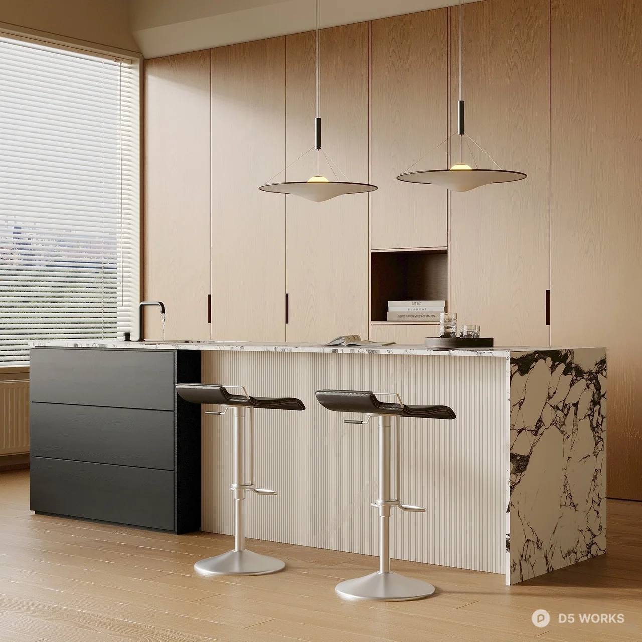 Modern Open Kitchen With Marble Island 3d model - Image 1