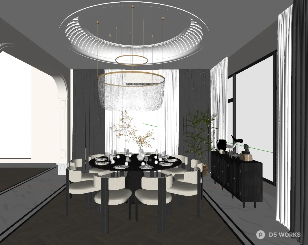 Modern Luxury Villa Dining Room with Chandelier 3d model thumbnail 2