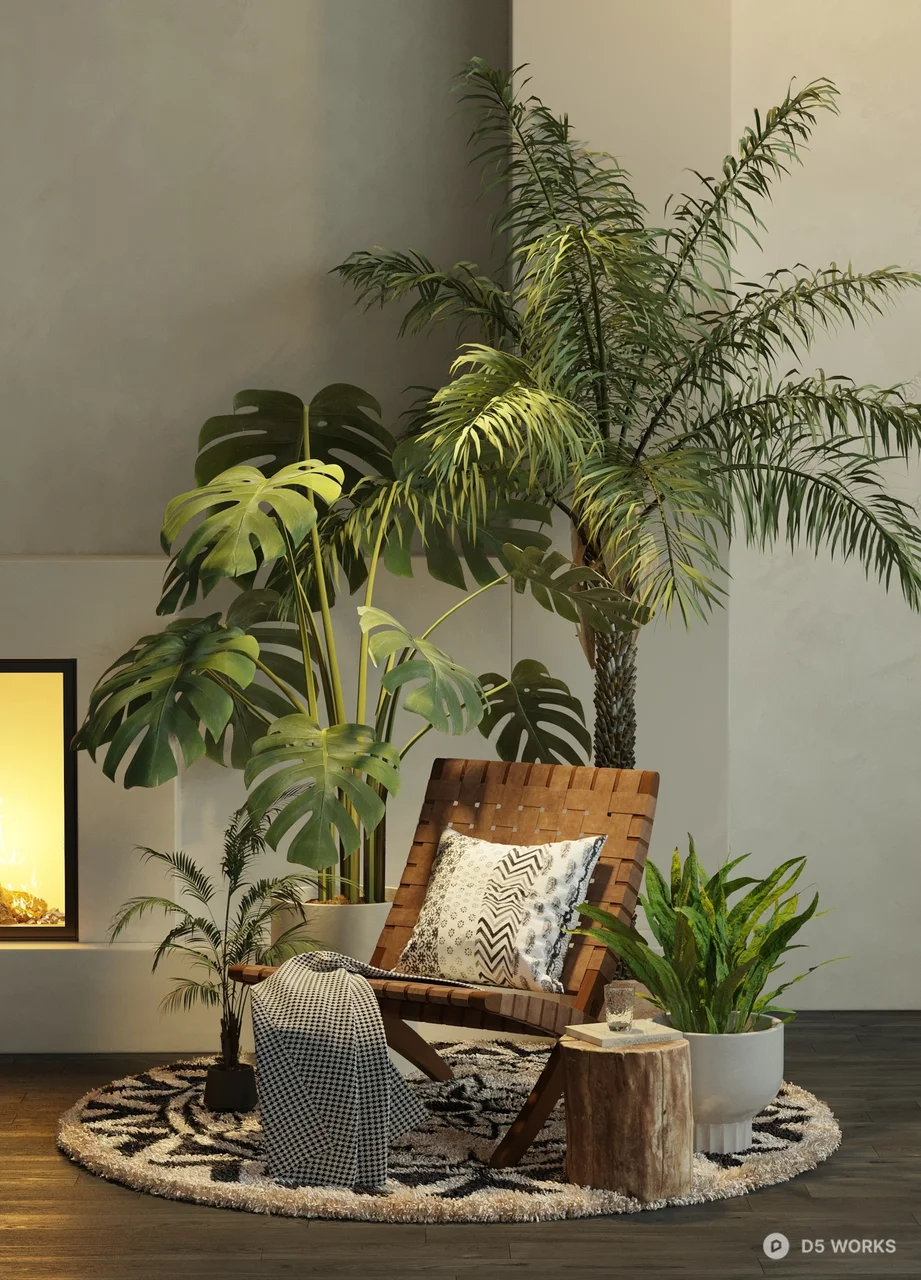 Tropical Style Lounge Corner (Leather Chair + Green Plants) 3d model - Image 1