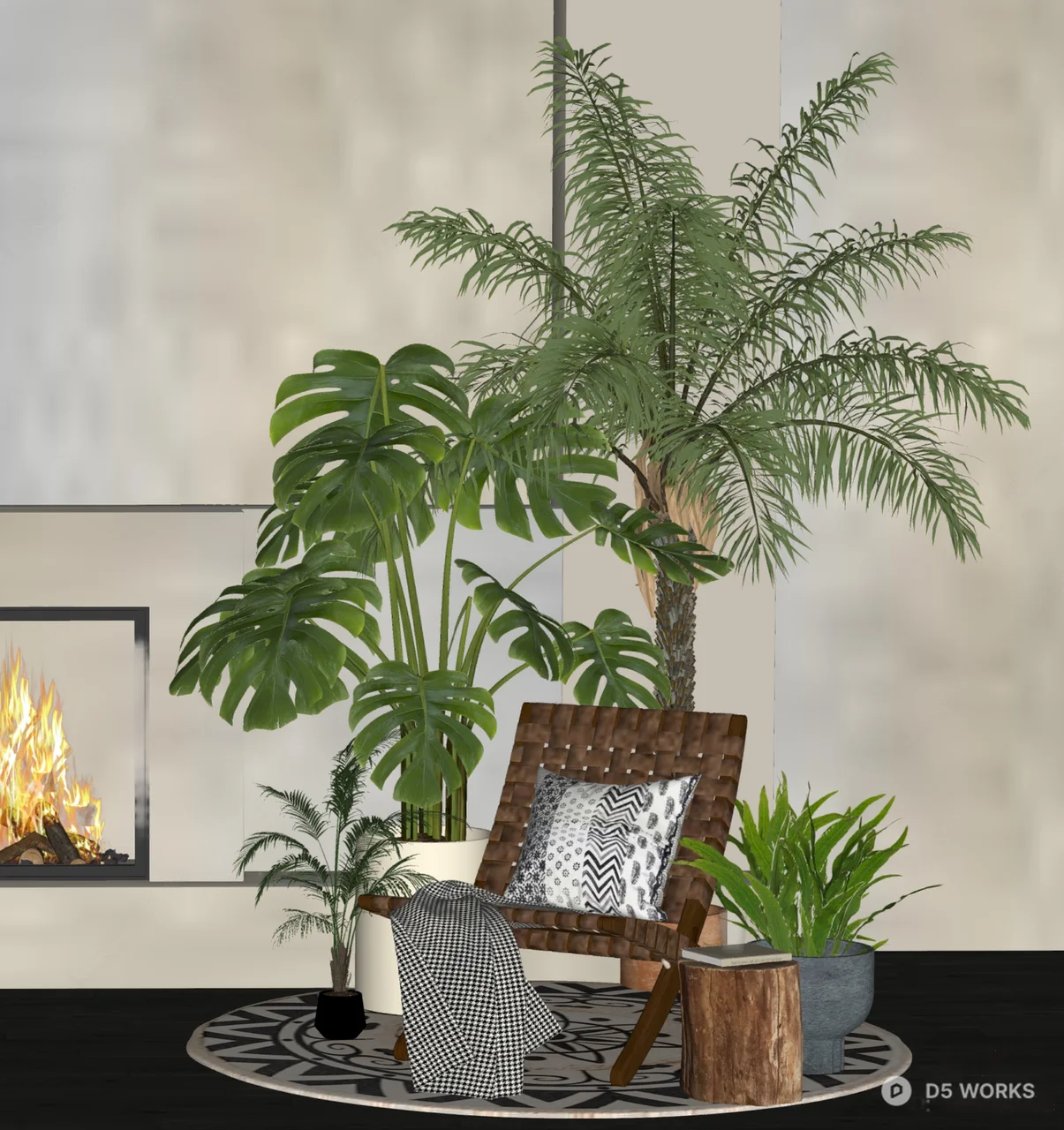 Tropical Style Lounge Corner (Leather Chair + Green Plants) 3d model thumbnail 2