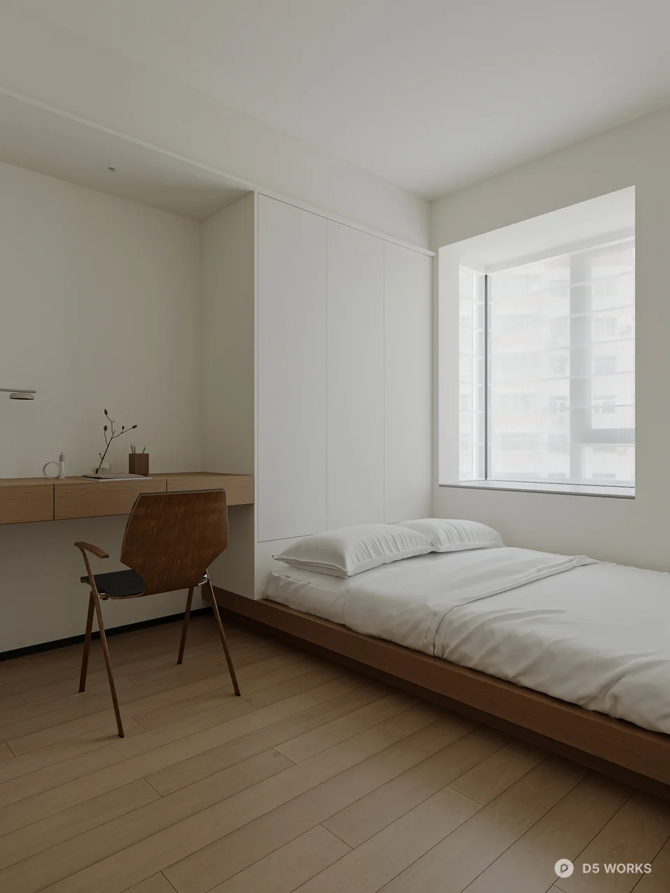 Minimalist Bedroom with Wooden Bed and Desk 3d model - Image 1