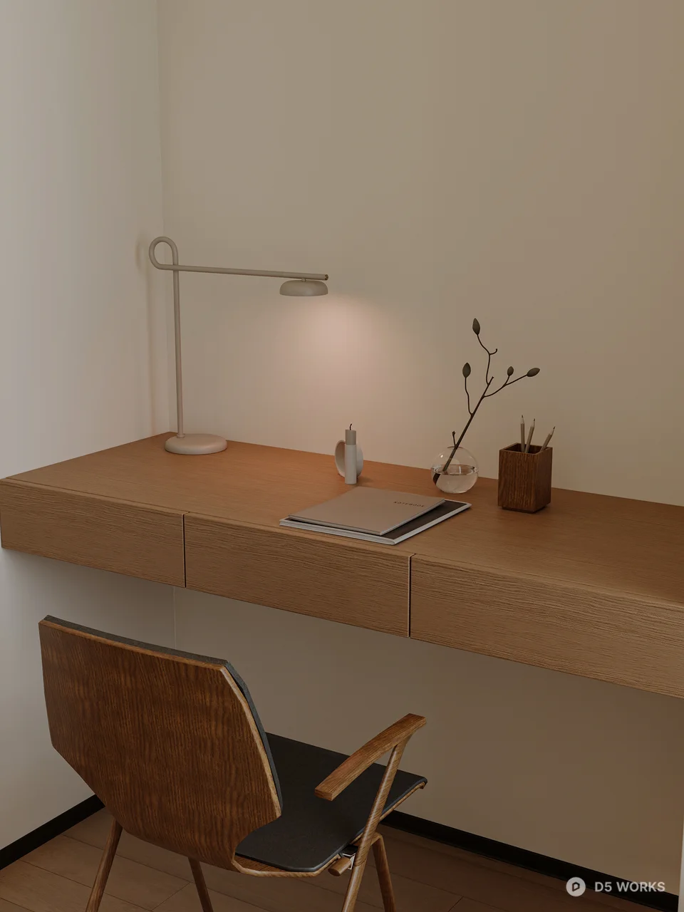 Minimalist Bedroom with Wooden Bed and Desk 3d model thumbnail 2