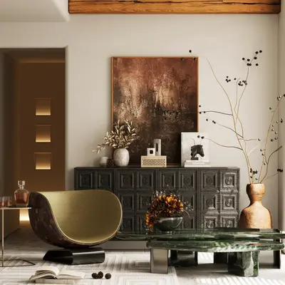 Mid Century Modern Living Room with Sculptural Chair 3d model