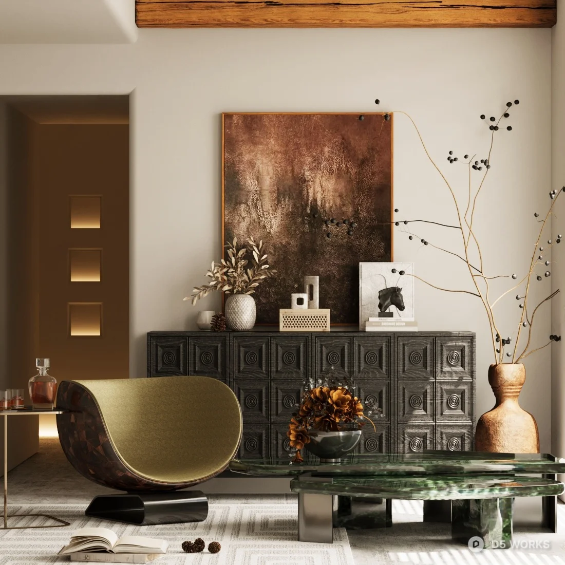 Mid Century Modern Living Room with Sculptural Chair 3d model - Image 1