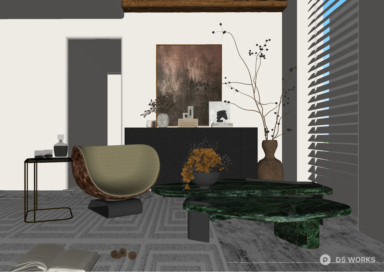 Mid Century Modern Living Room with Sculptural Chair 3d model thumbnail 2