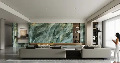 Minimalist Living Room with Marble Accent Wall 3d model