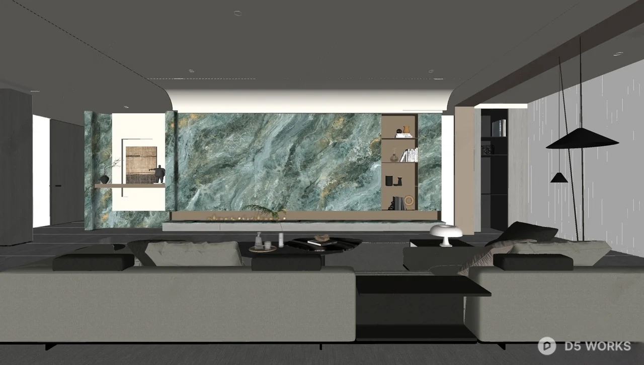 Minimalist Living Room with Marble Accent Wall 3d model thumbnail 2