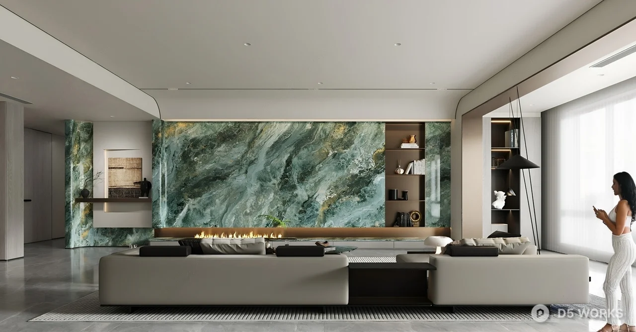 Minimalist Living Room with Marble Accent Wall 3d model - Image 1