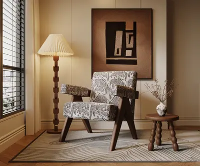 Patterned Upholstered Armchair With Wooden Legs 3d model