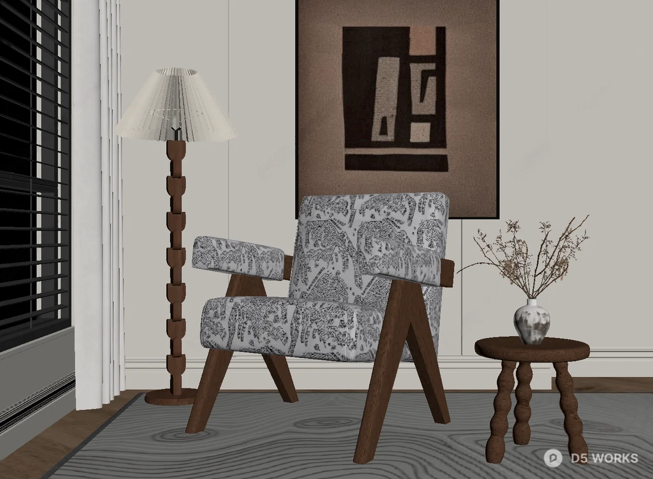 Patterned Upholstered Armchair With Wooden Legs 3d model thumbnail 2