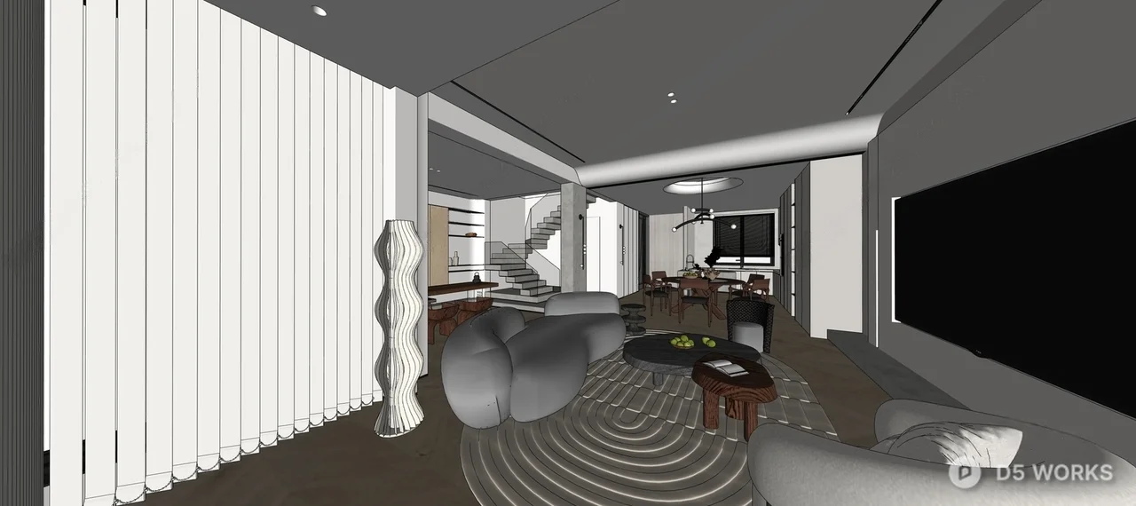 Minimalist Open-Plan Living Dining Space 3d model thumbnail 2