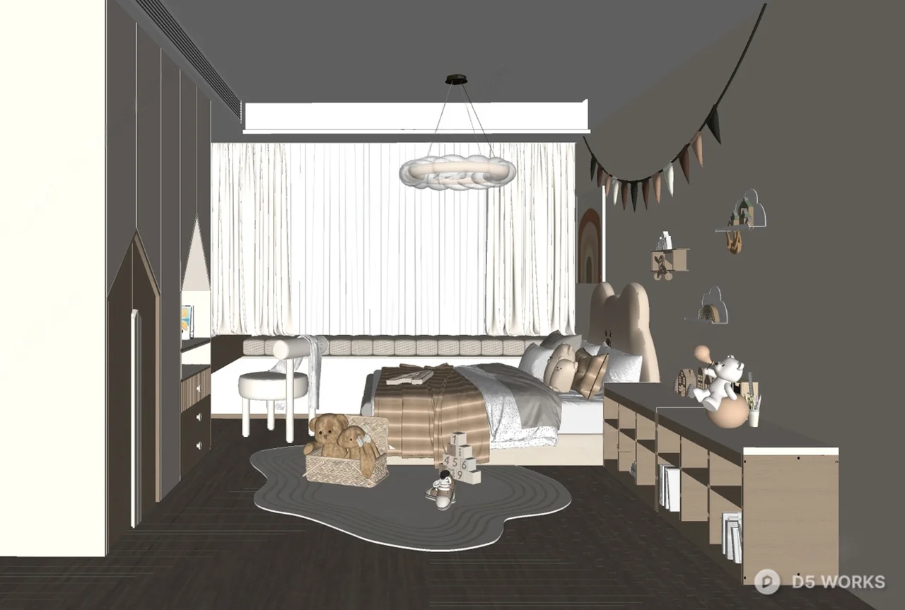 Minimalist Neutral-Tone Children's Bedroom With Integrated Storage 3d model thumbnail 2