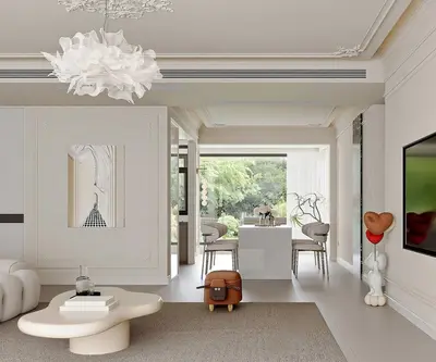 Minimalist Living Dining Space With Sculptural Chandelier 3d model