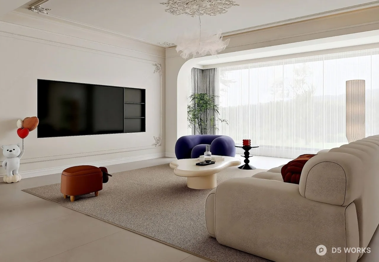 Minimalist Living Dining Space With Sculptural Chandelier 3d model thumbnail 3