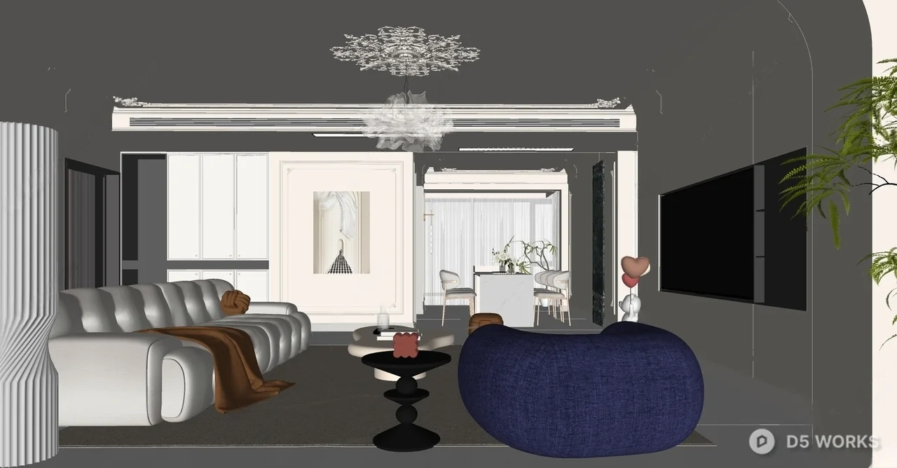 Minimalist Living Dining Space With Sculptural Chandelier 3d model thumbnail 2